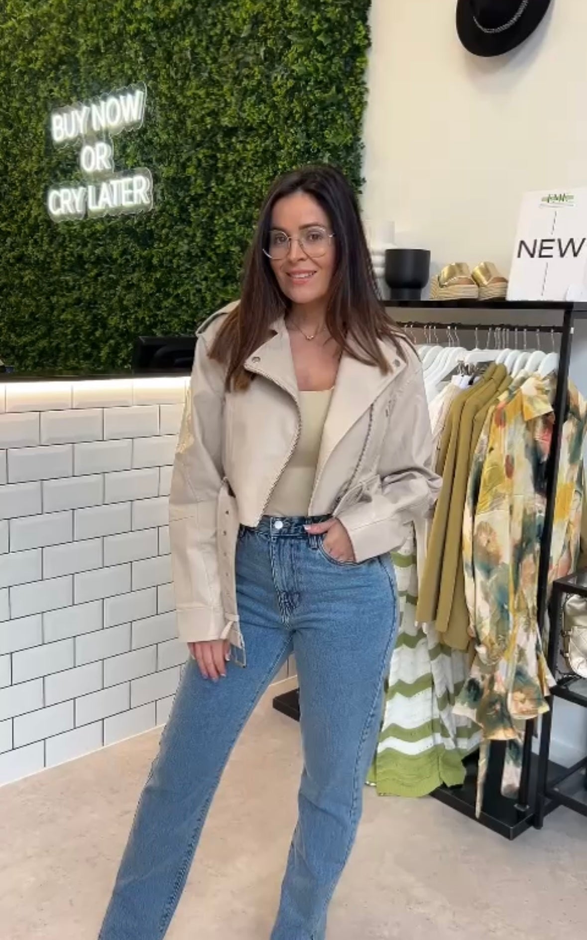‘KARA’ cream faux leather biker jacket