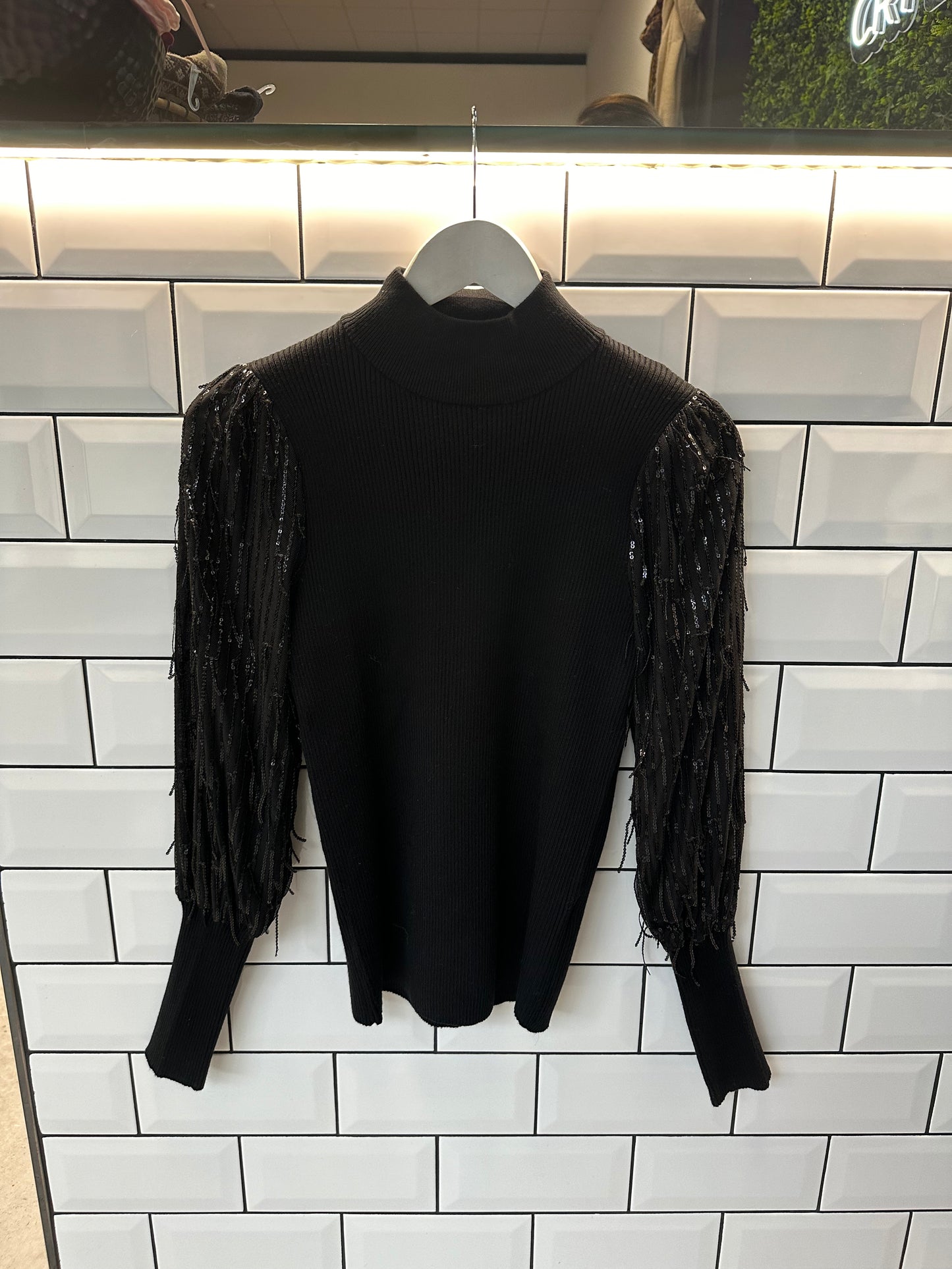 Ribbed high neck jumper with sparkle detail sleeves