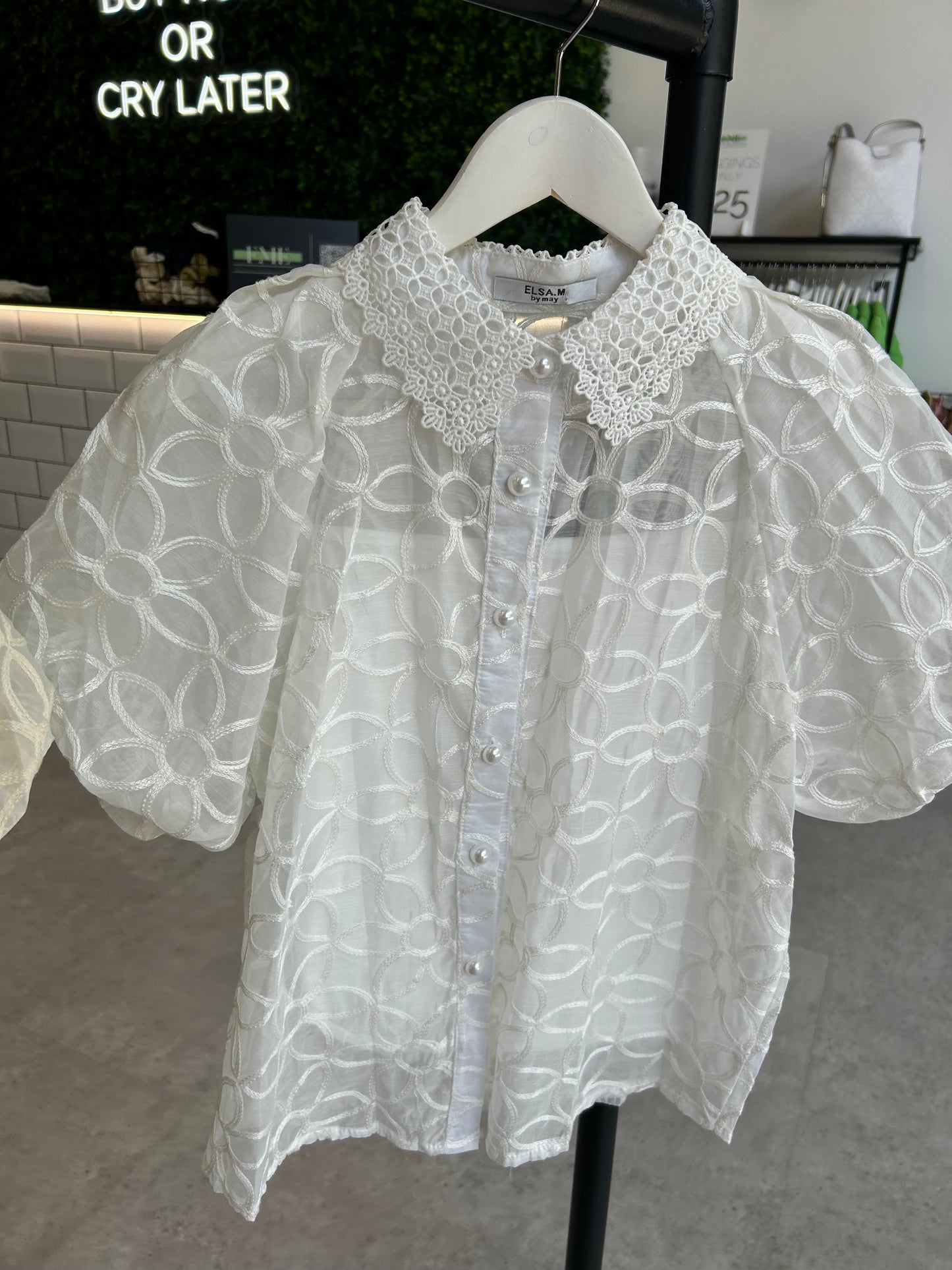 Flower embroidered blouse with pearl detail