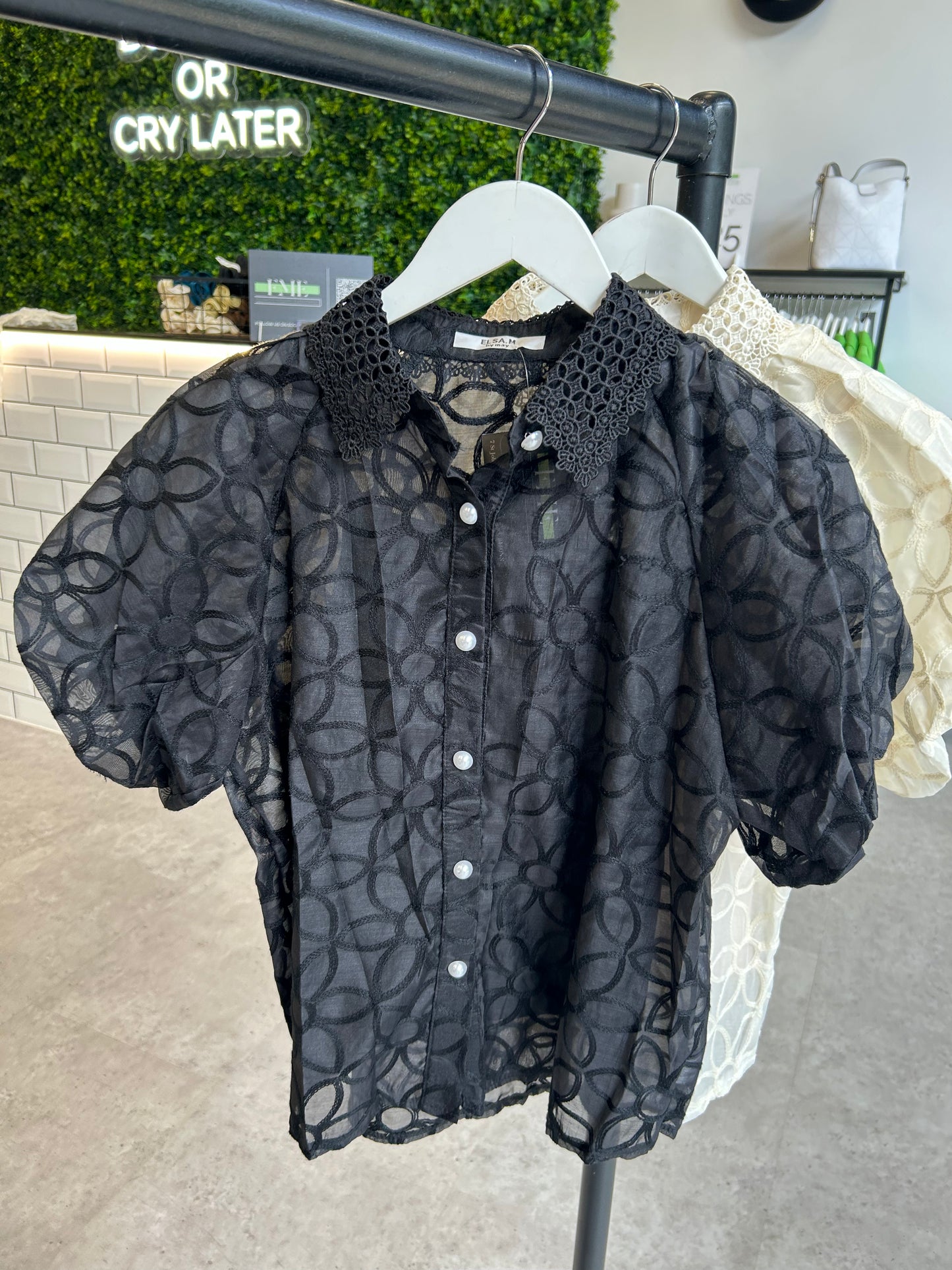 Flower embroidered blouse with pearl detail