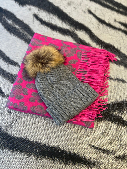 Scarf & Hat Set Pink Leopard