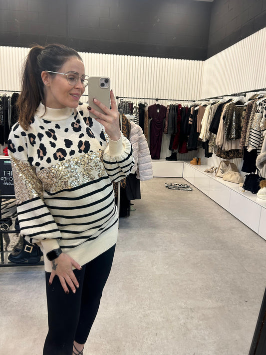 Cream Leopard / stripe sequin Jumper