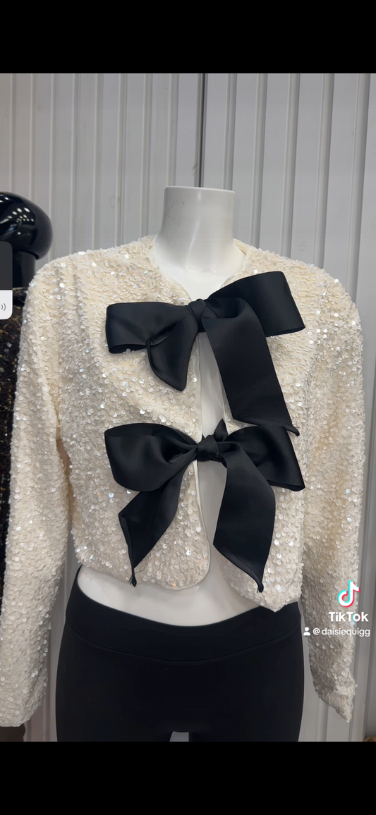 Cream sparkle bow tie cardigan