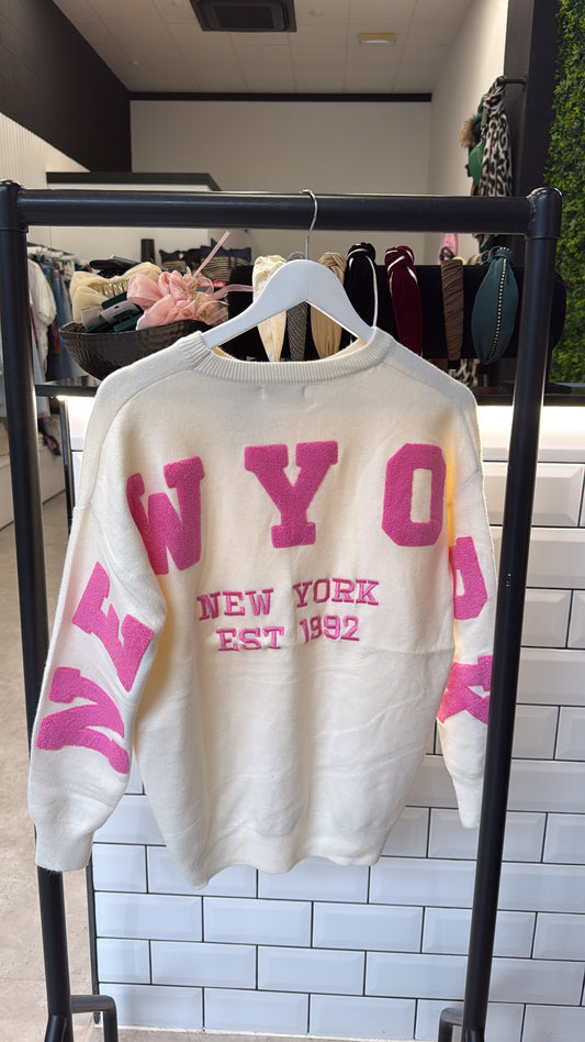 NEW YORK towel knit jumper - cream with pink