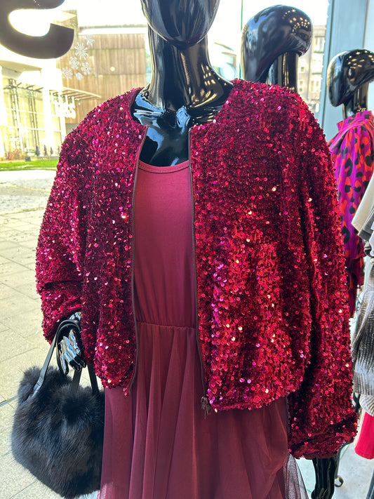 Sequin Bomber Jacket Wine