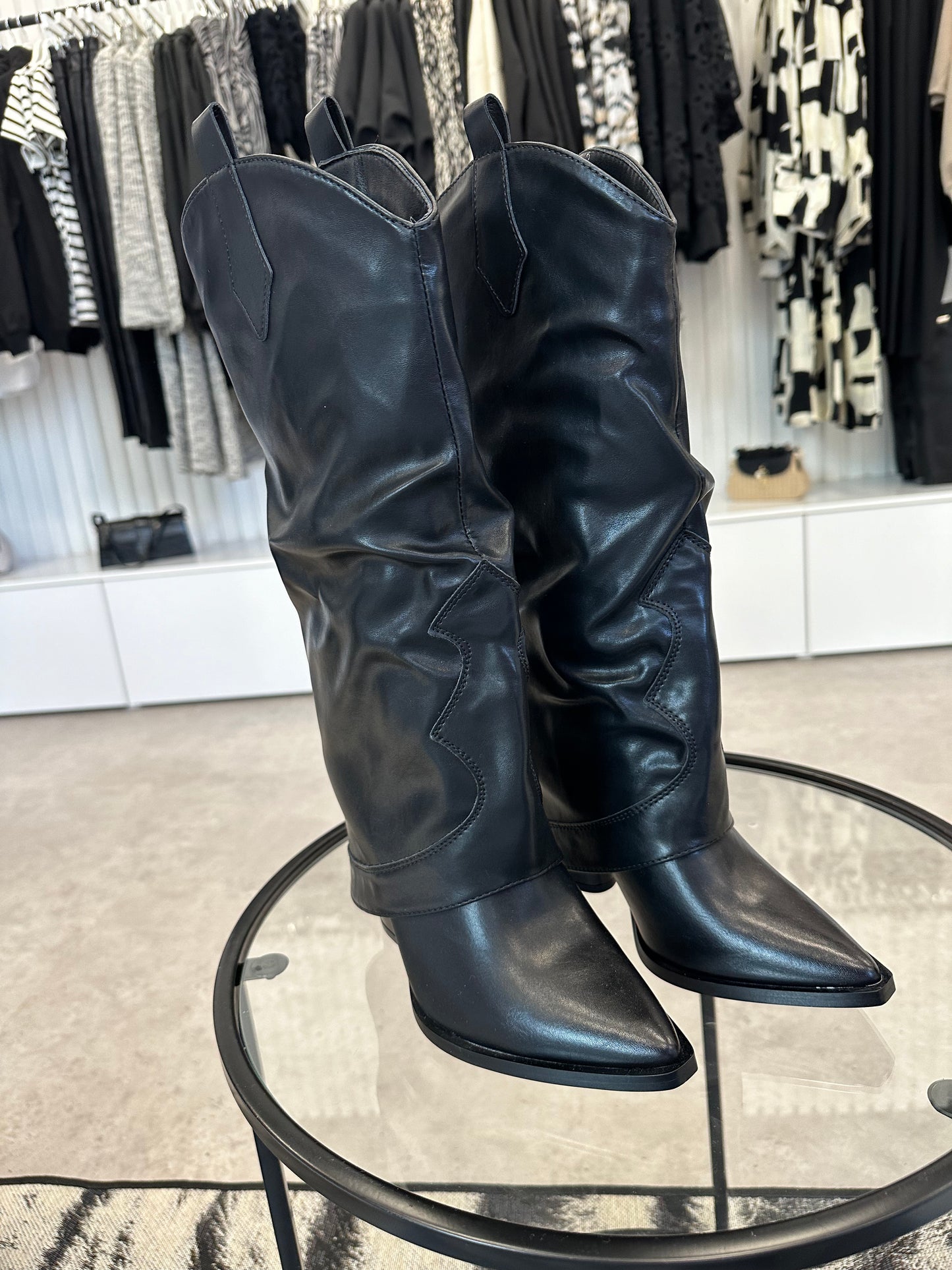Black fold over faux leather cowboy style boots